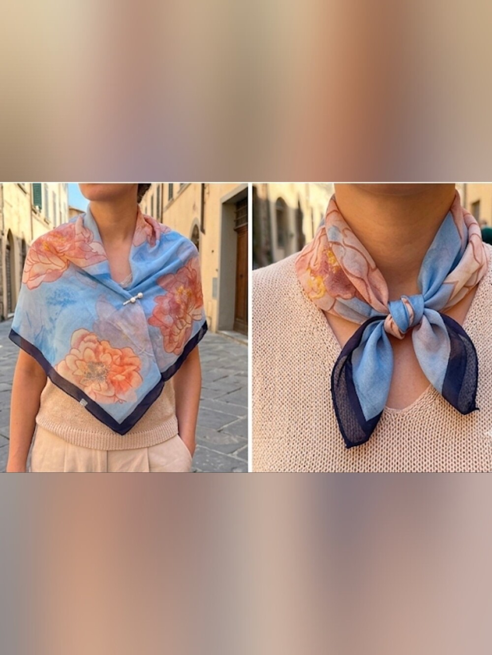 NWT Floral Chiffon Scarf Blue Peach Watercolor Peony Lightweight Shawl 63 × 20 - Picture 3 of 9
